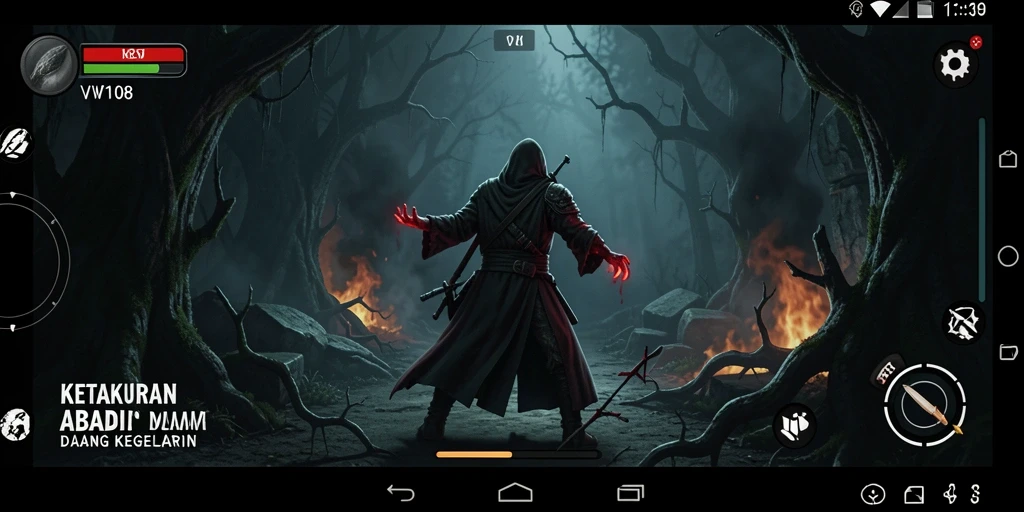 Screenshot gameplay VW108 yang menampilkan momen menakutkan di kegelapan.